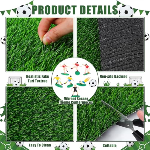 Soccer Table Centerpiece Decorations Kit, 16x59 Inch Artificial Grass Table Runner 7 Player Figures 2 Goal Nets and 1 Ball for Game Day Sports Party Birthday Baby Shower Wedding Decor