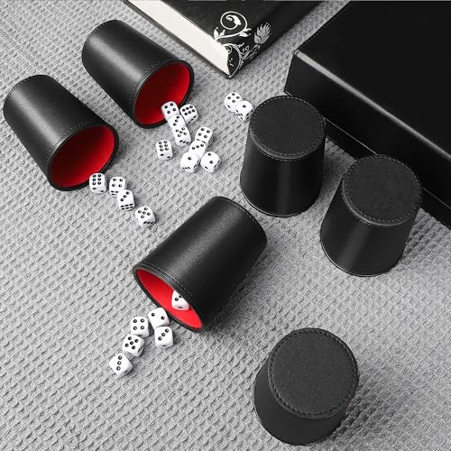 5X Dice Cup Set, PU Leather Dice Shaker Cups with 30 Dices for Bar Party Yahtzee Farkle Dice Games, Coffee (5, Black Red) - color: Black Red X5