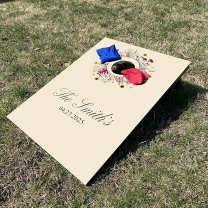 Custom Wedding Cornhole Set Flower Ring with Personalized Name and Wedding Date - Wedding Reception Games