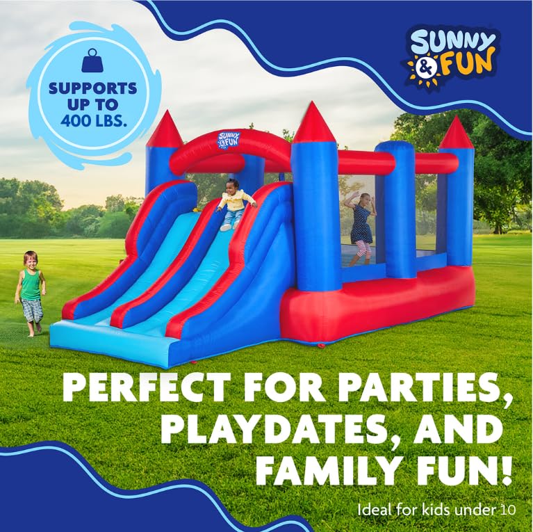 Sunny & Fun Inflatable Bouncy Castle with Dual Slide – Heavy-Duty for Outdoor Fun - Climbing Wall, Slides, Bounce House – Easy to Set Up & Inflate with Included Air Pump & Carrying Case