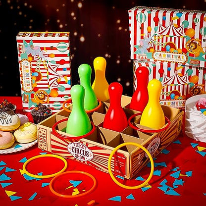 Wettarn Carnival Bottle Toss Game Ring Toss Games, Include a Circus Ticket Box 6 Plastic Bottles and 6 Throw Rings for Summer Carnival Outdoor Backyard Beach Party Activities