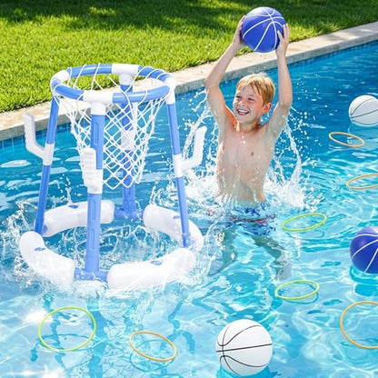 Pool Basketball Hoop&Ring Toss Game 2-in-1 Floating Pool Toy with 4 Balls 8 Rings&Pump,Outdoor Swimming Basketball Party Games Water Play Toy Anti-Tip Stable Base Summer Gift for Kid 4-8 8-12& Adult - size: without backboard