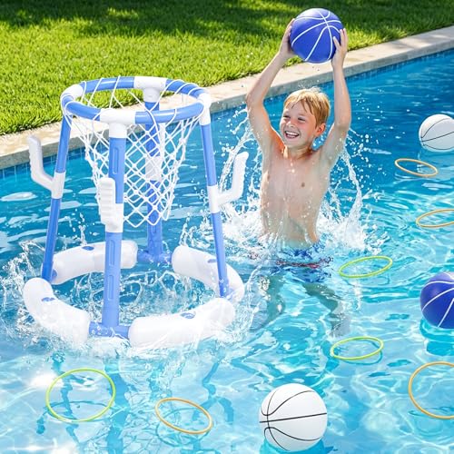 Pool Basketball Hoop&Ring Toss Game 2-in-1 Floating Pool Toy with 4 Balls 8 Rings&Pump,Outdoor Swimming Basketball Party Games Water Play Toy Anti-Tip Stable Base Summer Gift for Kid 4-8 8-12& Adult - size: without backboard