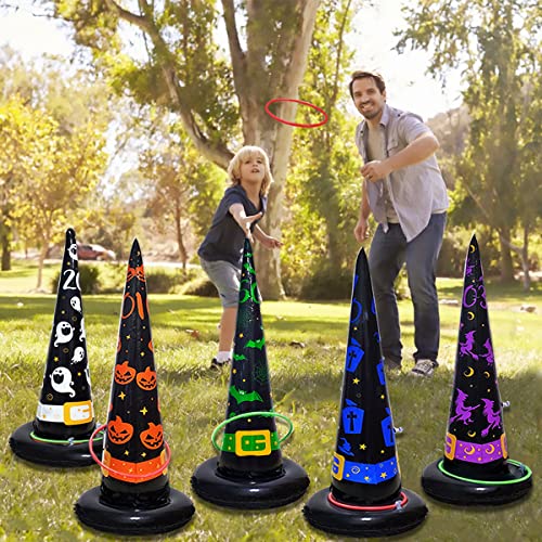 Poptrend 5PK Halloween Toys Halloween Games Inflatable Witch Hat Ring Toss Game, Inflatable Ring Toss Game with Air Pump. Games Toys for Kids Adults, Halloween Decorations (Witch Hat, 5PK)