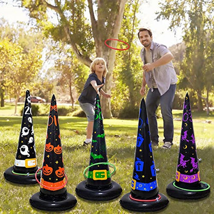 Poptrend 5PK Halloween Toys Halloween Games Inflatable Witch Hat Ring Toss Game, Inflatable Ring Toss Game with Air Pump. Games Toys for Kids Adults, Halloween Decorations (Witch Hat, 5PK)