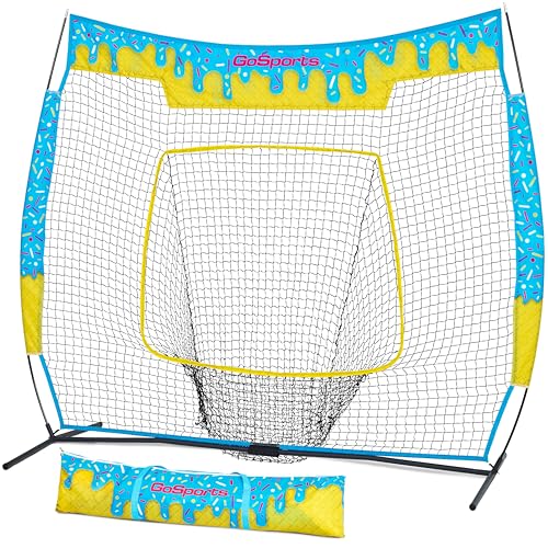 GoSports 7 ft x 7 ft Baseball & Softball Nets - Red, Black, Drip or PRO - Practice Hitting & Pitching Net with Bow Type Frame, Carry Bag and Strike Zone, Great for All Skill Levels - color: Drip