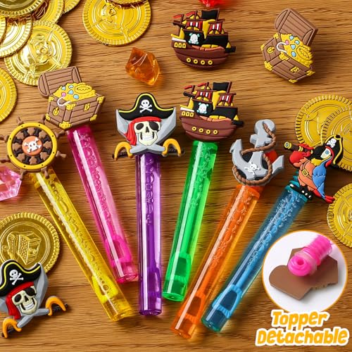 Winrayk Pirate Party Favors, 24Pcs Self-designed Mini Bubble Wands for Kids Bubbles Bulk with Detachable Topper (6 Styles & Colors), Birthday Gift Toy Pinata Filler Goodie Bag Stuffer Classroom Prizes - style: Pirate