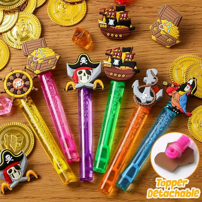 Winrayk Pirate Party Favors, 24Pcs Self-designed Mini Bubble Wands for Kids Bubbles Bulk with Detachable Topper (6 Styles & Colors), Birthday Gift Toy Pinata Filler Goodie Bag Stuffer Classroom Prizes - style: Pirate