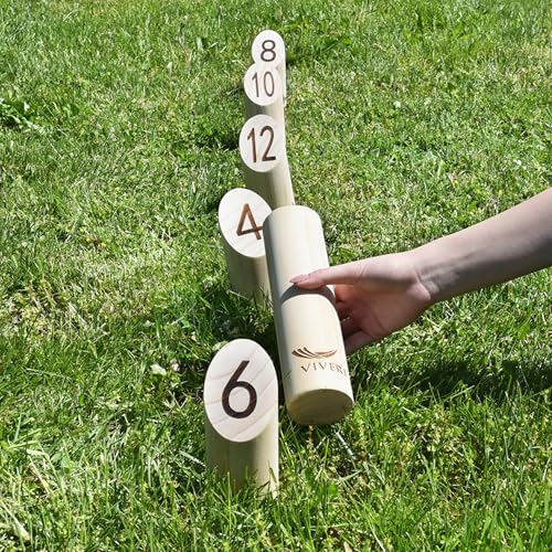 Vivere Viking Throw Tournament Edition, Outdoor Bowling Game Set for Kids & Adults with 12 Pins, Baton & Carry Bag for Backyard, Beach & Lawn Play
