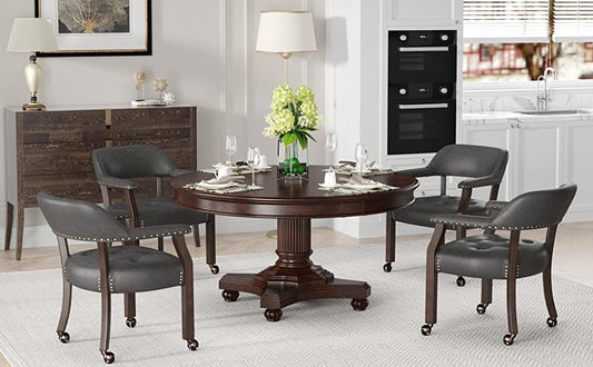 Set of 4 Dining Chair with Casters, Accent Captains Chairs with Wheels & Arms,Wheeled Roller Wood Chairs for Kitchen & Game Poker Table,Espresso&Grey 318GY(NO Table!) - color: Espresso&grey