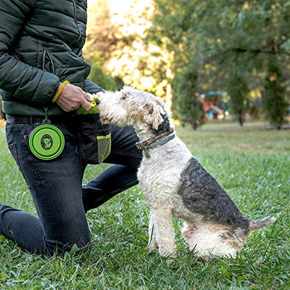 Dog Treat Pouch for Training & Walking, Pet Treat Bag with Poop Bag Dispenser, Pro Clicker, Collapsible Travel Bowl & Reflective Shoulder Strap - Black/Green