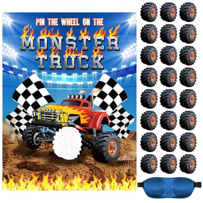 Faccito Monster Truck Birthday Games Pin The Wheels on The Monster Truck Large Poster with 24 Wheel Stickers and Game Blindfold Cars Pin The Wheels Game for Birthday Decorations Trucks Party Supplies - style: Monster