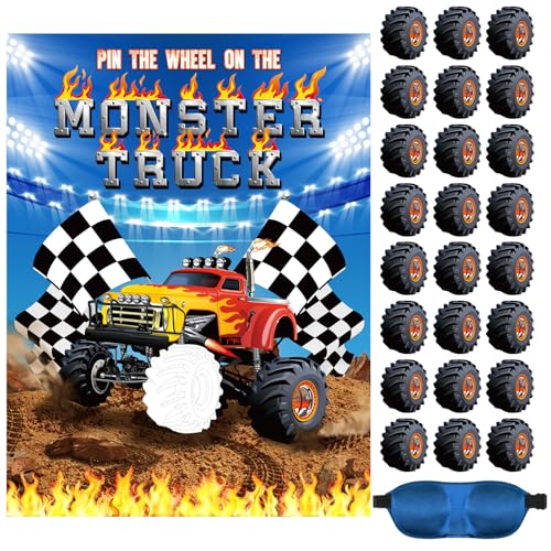 Faccito Monster Truck Birthday Games Pin The Wheels on The Monster Truck Large Poster with 24 Wheel Stickers and Game Blindfold Cars Pin The Wheels Game for Birthday Decorations Trucks Party Supplies - style: Monster