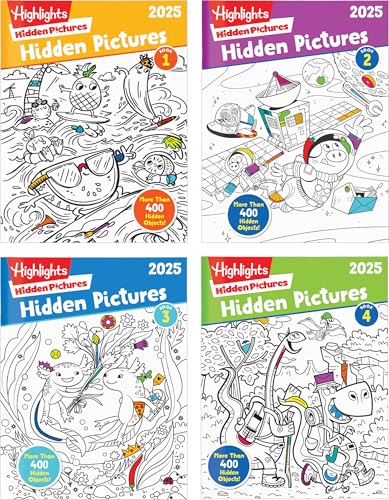 Highlights Hidden Pictures 2025 Activity Book Pack for Kids Ages 6 and Up, 4-Book Set of Travel-Friendly Screen Free Seek and Find Fun, Books Double as Coloring Books