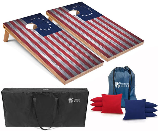 Tailgating Pros Regulation Cornhole Boards Flag Set - Includes 8 Bean Bags, Carrying Cases, and 4'x2' Corn Hole Toss Game - color: 13 Stars Flag