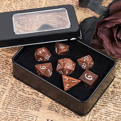 7PCS Wooden DND Dice Set, Red Sandalwood D&D Dice with Metal Box for Role Playing Games, d and d Gifts - color: Red Sandalwood