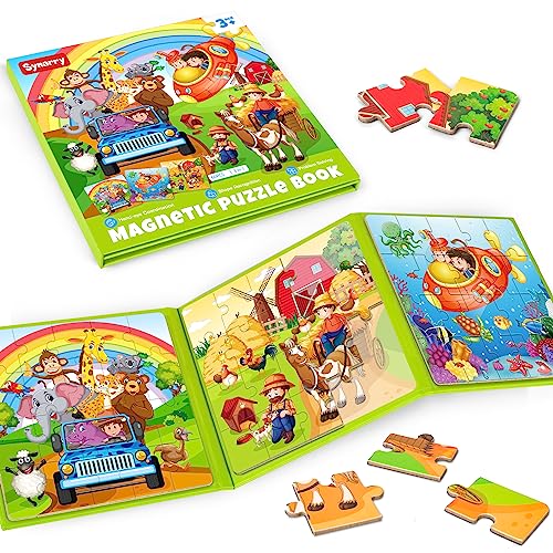 SYNARRY Magnetic Puzzles for Kids Ages 3-5, 20 Pieces Toddler Animal Puzzles for Kids Ages 4-6, Easter Basket Stuffers Gifts for Kids, Car Airplane Road Trip Activities Magnet Games Toy for Boys Girls - style: Animal