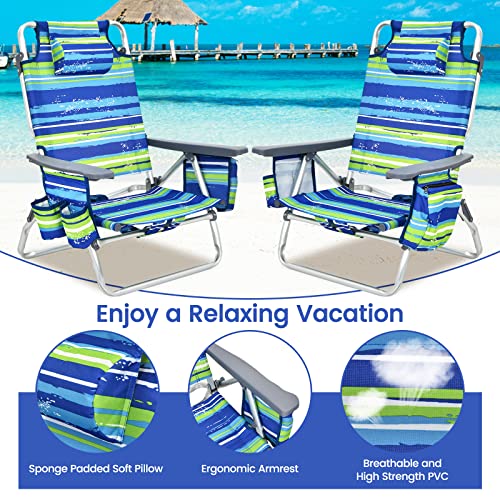 Tangkula Set of 4 Backpack Beach Chair, 5-Position Lay Flat Beach Chairs with Cooler Bag, 2 Cup Holders, Towel Bar, Lightweight Folding Beach Chair with Backpack Straps - color: Blue, style: 4 Pack