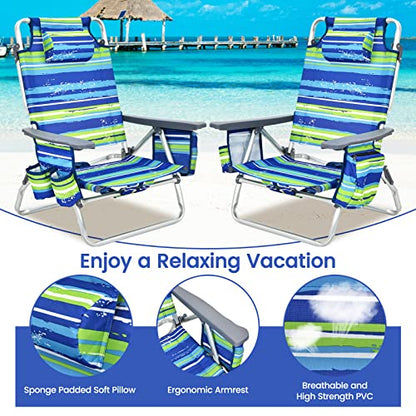 Tangkula Set of 4 Backpack Beach Chair, 5-Position Lay Flat Beach Chairs with Cooler Bag, 2 Cup Holders, Towel Bar, Lightweight Folding Beach Chair with Backpack Straps - color: Blue, style: 4 Pack