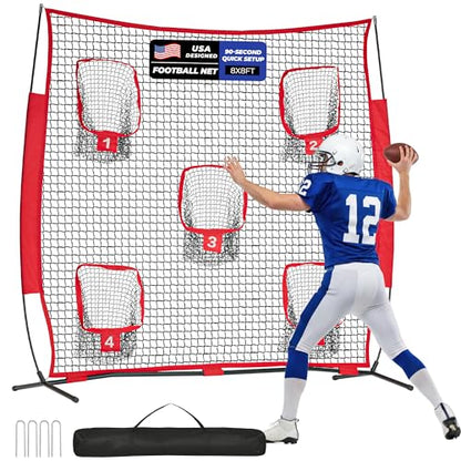 7x7ft/8x8ft Football Throwing Net, Quarterback Training Equipment with 5 Target Pockets, Includes Football, Portable Carry Bag - color: Red, size: 8x8ft