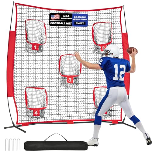 7x7ft/8x8ft Football Throwing Net, Quarterback Training Equipment with 5 Target Pockets, Includes Football, Portable Carry Bag - color: Red, size: 8x8ft