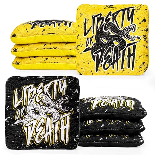 Play Platoon Pro Cornhole Bags Set of 8 - Professional Dual Sided Slick and Sticky Side Competition Corn Hole Bags - Tournament Series - color: Yellow / Black Liberty or Death