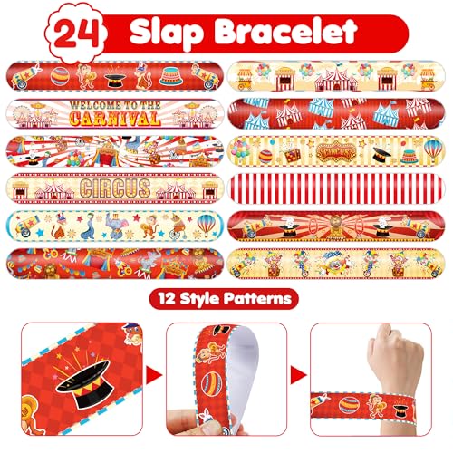 Cherisnowy 72PCS Carnival Party Set 48PCS Temporary Tattoos & 24PCS Slap Bracelets Fun Circus Themed Birthday Supplies, Baby Shower Gifts, Classroom Rewards & Party Decor for Kids Boys & Girls