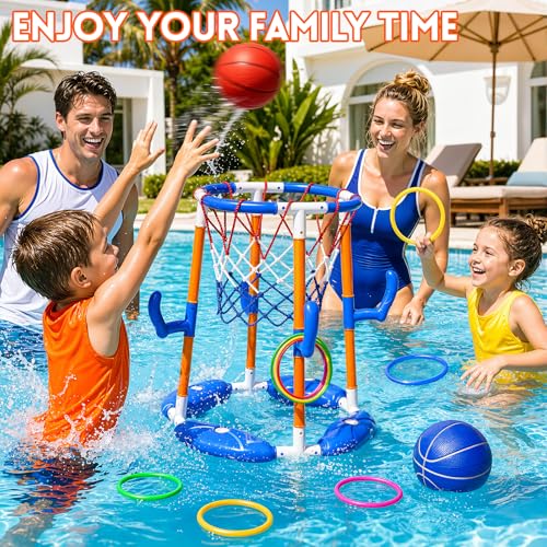 VLQ Floating Pool Basketball Hoop & Ring Toss Set, 2-in-1 Inflatable Summer Water Toy for Kids and Adults, Outdoor Party Game with 4 Balls, 12 Rings and Pump for Swimming Pools