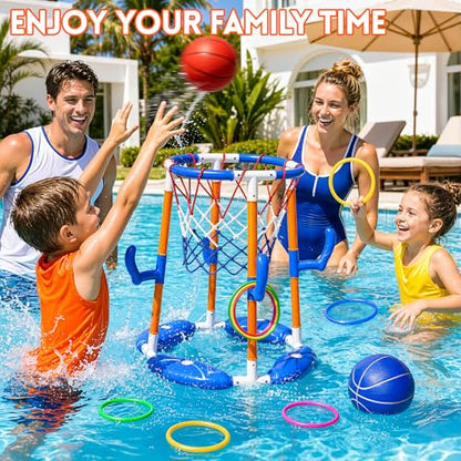 VLQ Floating Pool Basketball Hoop & Ring Toss Set, 2-in-1 Inflatable Summer Water Toy for Kids and Adults, Outdoor Party Game with 4 Balls, 12 Rings and Pump for Swimming Pools