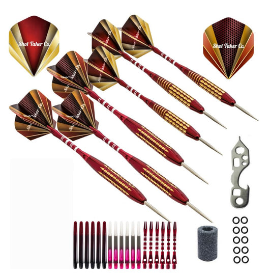 6pc Steel Tip Darts Set - Professional Darts for Dartboard - Includes Barrels + Plastic/Aluminum Shafts + O'Rings + Flights + Sharpener + Wrench - color: 21g-Red B-10412
