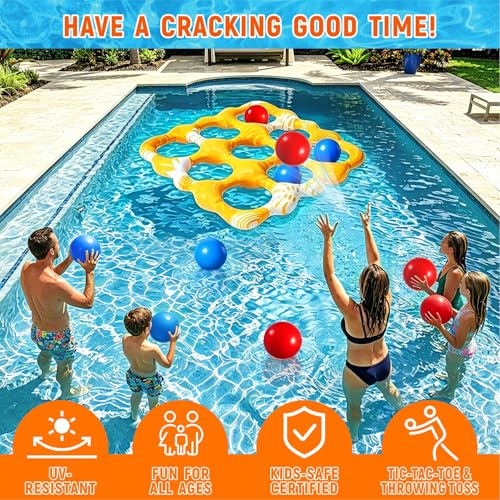 Inflatable Tic Tac Toe Pool Game Set – Pool Toys with Anti-Drift Design & 10 Balls, Fun for Kids, Teens, Adults, Family, Party, Beach, Outdoor & Indoor, 2-10 Players - color: Yellow