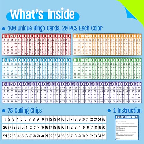 100-Pack Number Bingo Game Cards, Disposable Reusable Multi-Color Paper Sheets for Kids, Numbers 1-75 Bingo Board Game for Parties, School, Classroom, Family Gathering Activity, Travel, Road Trip