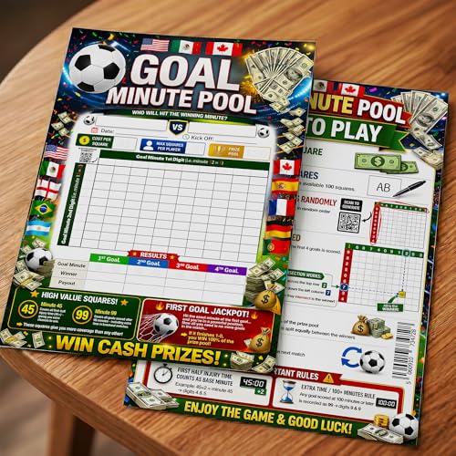 2026 World Cup Goal Minute Pool Game (37x26cm) – Soccer Tournament 100 Square Board - 10 Sheet Set Select Random Numbers - 4 Goal Tracking Prize Pool