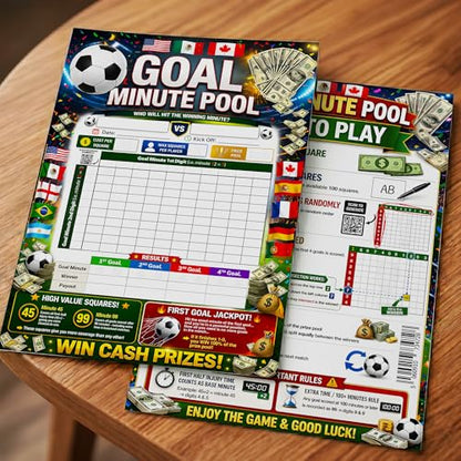 2026 World Cup Goal Minute Pool Game (37x26cm) – Soccer Tournament 100 Square Board - 10 Sheet Set Select Random Numbers - 4 Goal Tracking Prize Pool