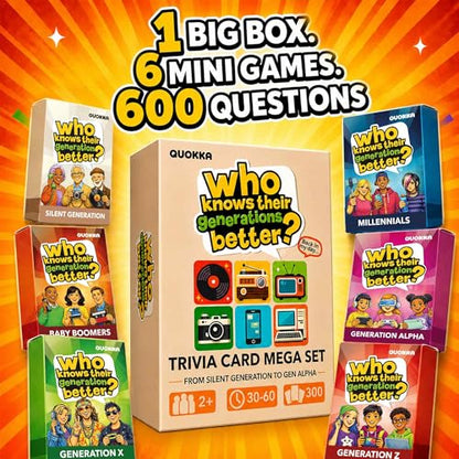 QUOKKA Generation Trivia Game – Generations Challenge Card Set with 600 Questions for Ages 10+ – Travel Game for Family Night, Parties – Trivia Cards for Adults, Teens and Kids