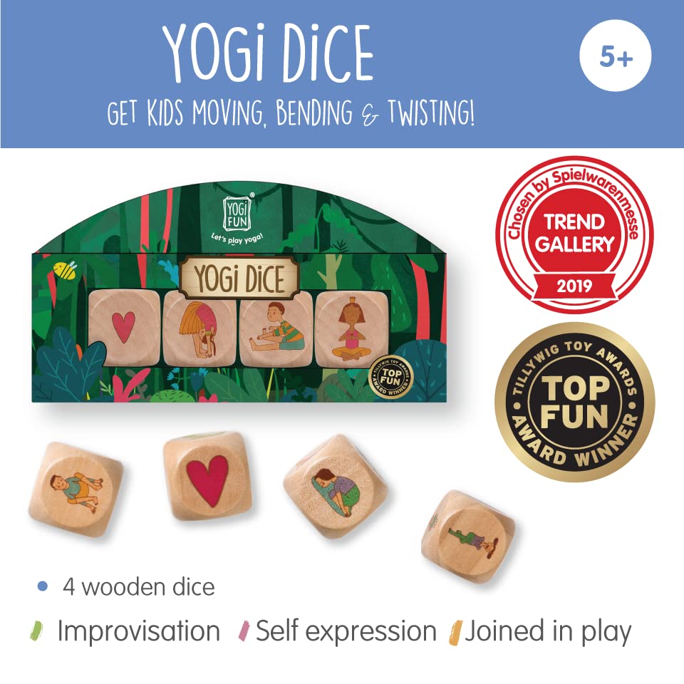 YOGi FUN Yoga Dice Game – 4 Wooden Dice with 18 Yoga Poses and Instruction Die, Fun Movement Game for Kids Ages 5+, Solo or Group Play, Classroom, ADHD, Emotional Physical Development Game for Kids