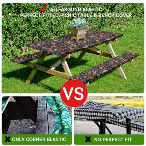 Mushroom Picnic Table Cover with Bench Covers and Carrying Bag, Forest Floral Plant Retro Rectangle Table Cover, Outdoor Patio Camping Essentials 6FT 4PCS, Camping Fitted Tablecloth
