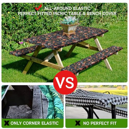 Mushroom Picnic Table Cover with Bench Covers and Carrying Bag, Forest Floral Plant Retro Rectangle Table Cover, Outdoor Patio Camping Essentials 6FT 4PCS, Camping Fitted Tablecloth