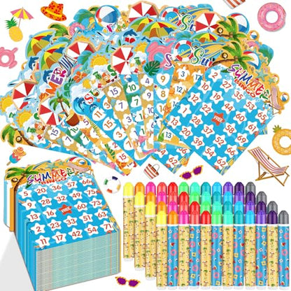 Eersida 192 Pack Summer Bingo Game Cards and 0.4 oz Dot Daubers Set Includes 144 Bingo Cards and 48 Dot Markers Summer Hawaiian Gifts Game Supplies for Beach Party Favor Family Casino Play Night - style: Summer