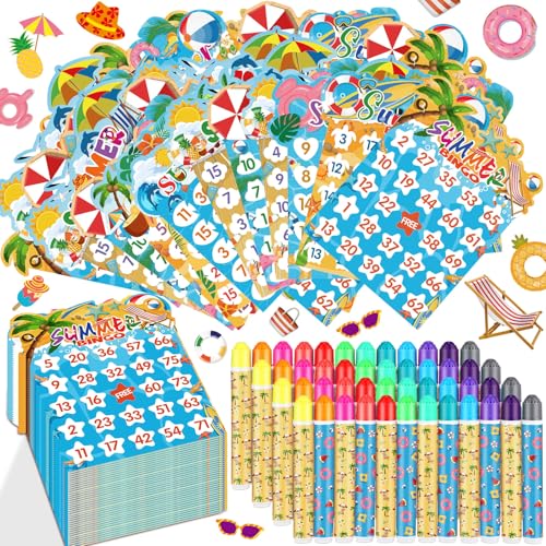 Eersida 192 Pack Summer Bingo Game Cards and 0.4 oz Dot Daubers Set Includes 144 Bingo Cards and 48 Dot Markers Summer Hawaiian Gifts Game Supplies for Beach Party Favor Family Casino Play Night - style: Summer