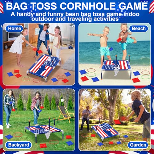 Leitee 4th of July 2 in 1 Bean Bags Toss Game American Flag Cornhole Bean Bags Patriotic Ring Toss Game Kids Patriotic Cornhole Games Set Independence Day Party Games Ideal for Ages 4-8 Toddlers