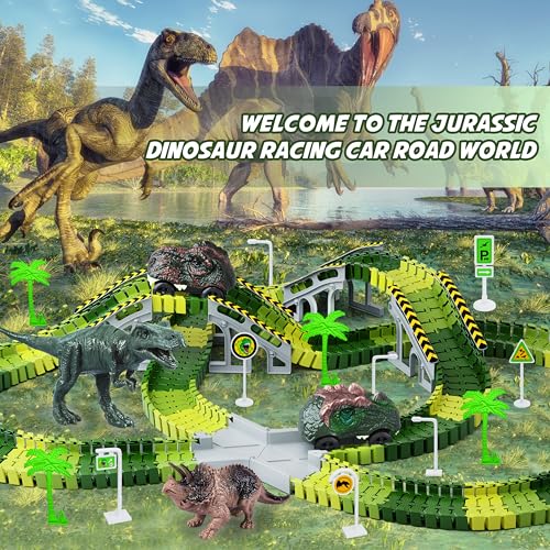Dinosaur Toys,Create A Dinosaur World Road Race,Flexible Track Playset and 2 pcs Cool Dinosaur car for 3 4 5 6 Year & Up Old boy Girls Best Gift - color: Green