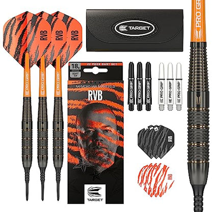 Target Darts Raymond Van Barneveld RVB 18G Brass Soft Tip Darts Set - with Extra Accessories Gift Pack