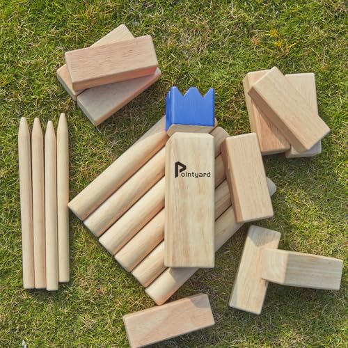 Kubb Yard Game Set Viking Chess Outdoor Hevea Hardwood Toss Game for Adults & Families - with 10 Blocks, 6 Batons, Carrying Bag | Perfect for Backyard Lawn Beach Party BBQ Camping - color: Blue
