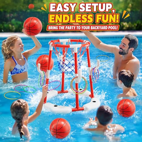 3 in 1 Pool Basketball Hoop & Ring Toss Game for Kids 4-8 8-12 - Floating Pool Toys Set with 4 Basketballs, 12 Rings, 2 Target Boards, 12 Bean Bags, Pump - Backyard Swimming Pool Summer Birthday Gift - color: red