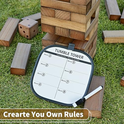 ApudArmis Giant Tumble Tower Stack to Over 5Ft, 56 PCS Pine Wooden Stacking Timber Game with 1 Dice Set - Classic Block Giant Outdoor Game (7.48 * 2.48 * 1.5In Each Block, Brown) - color: Brown, size: XL-Over 5FT