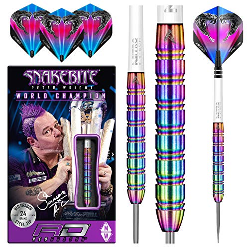RED DRAGON Peter Wright Snakebite 1 Professional Darts Set - 85% Tungsten Darts with Flights & Shafts - Available in Soft Tip 16g Barrel/18g Full Weight and Steel Tip 22g - 24g - size: 24g