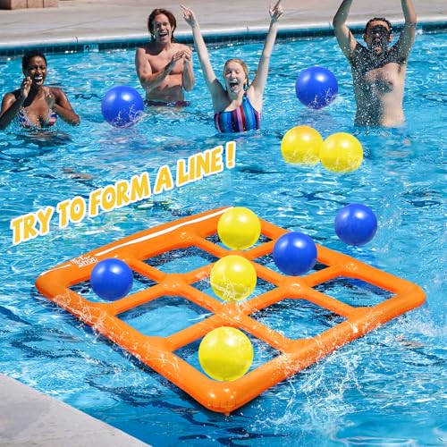 TicTac Shot Pool Toys Games Set- Tic Tac Toe Inflatable Pool Toy with 10 Balls - for Adults Teens Kids 2-10 Players - color: Orange
