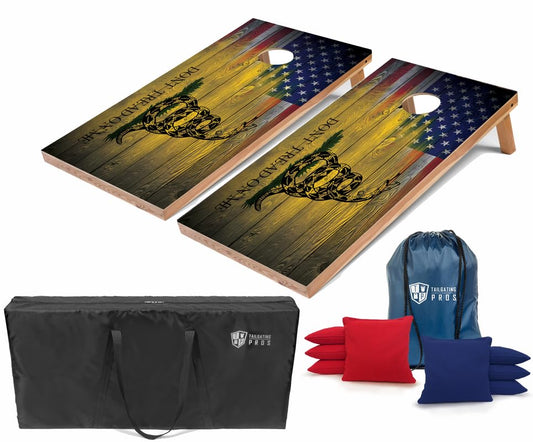Tailgating Pros Regulation Cornhole Boards - 4'x2' Lightweight Patriotic & Flag Themed Cornhole Game w/Carrying Case & Set of 8 Corn Hole Bean Bags w/Tote - color: US/Gadsden Flag