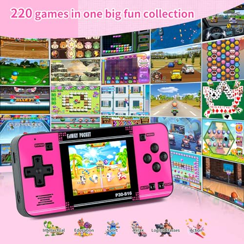 Handheld Game for Kids -Preloaded 220 Retro Video Games, Portable Gaming Player with Rechargeable Battery 3.0" LCD Screen, Mini Arcade Electronic Toy Gifts for Boys Girls (Black+Pink) - style: Black+Pink